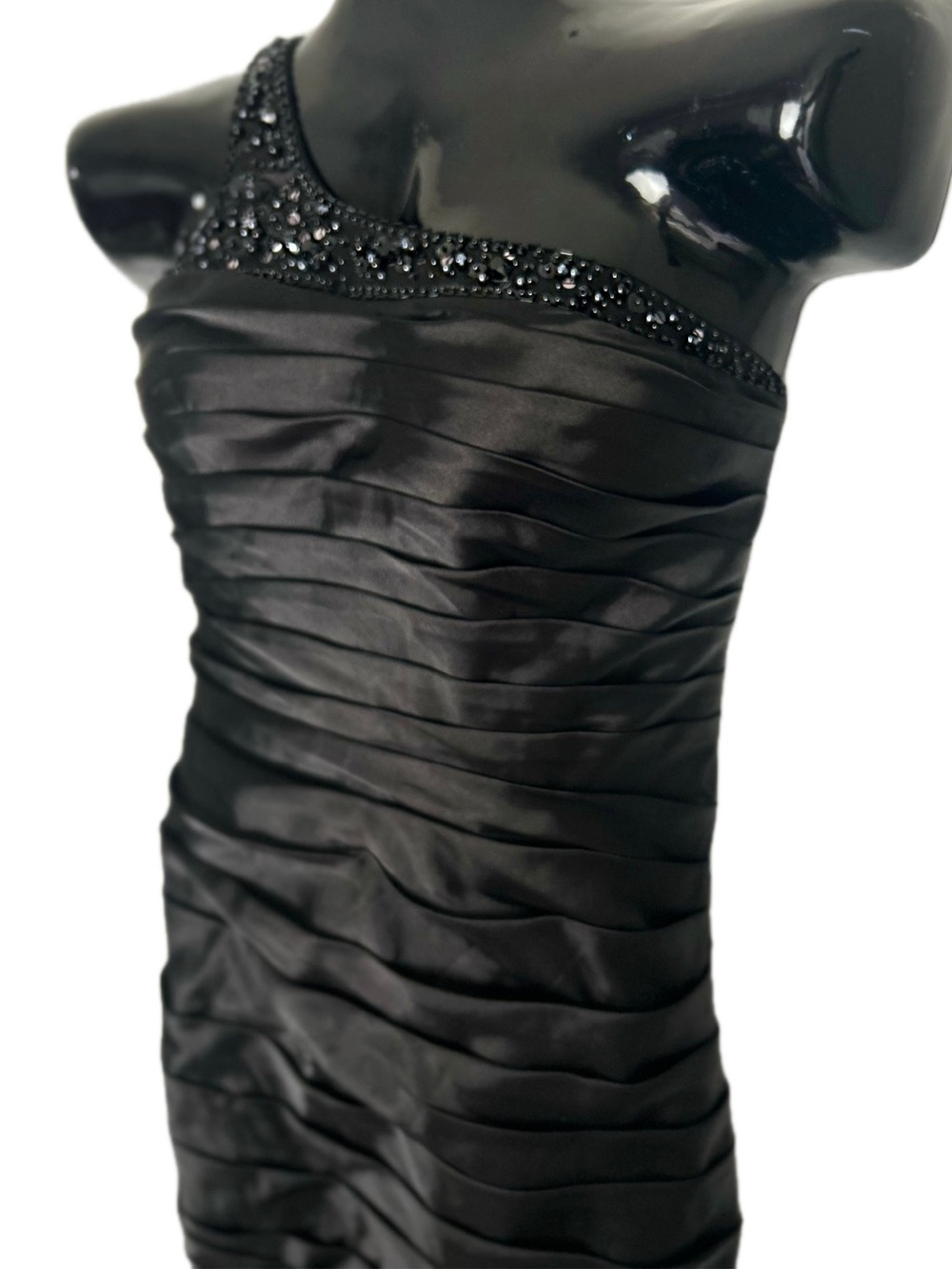 Adrianna Papell one-shoulder black satin cocktail dress with embellished beaded